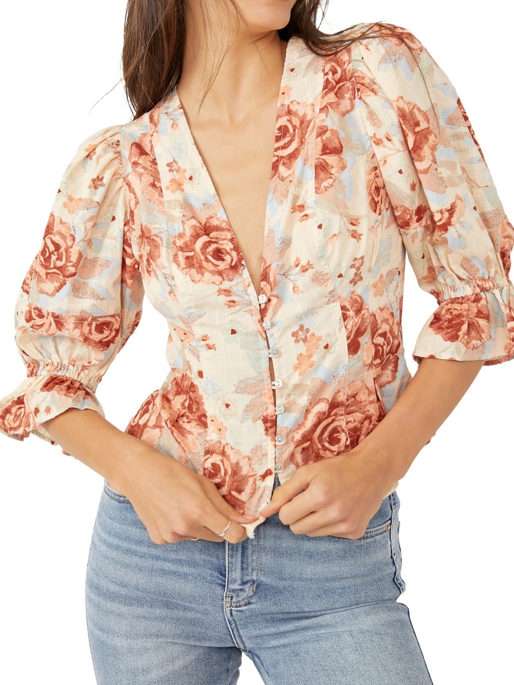 Free People I Found You Rose Floral Peplum Top Cotton Boho Size XS